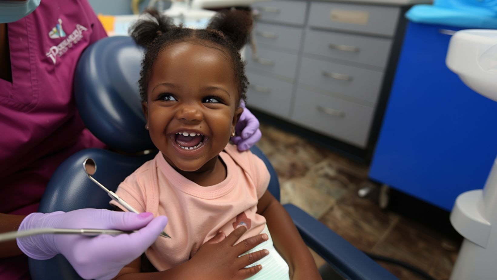 Smiling child at the dentist's office, with a children's dentist in Muskegon.