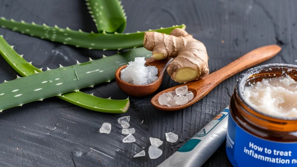 How To Get Rid Of Gingivitis Fast Effective Home Remedies To Consider. Aloe vera, ginger, coconut oil, and natural remedies for treating gingivitis displayed on a wooden surface.