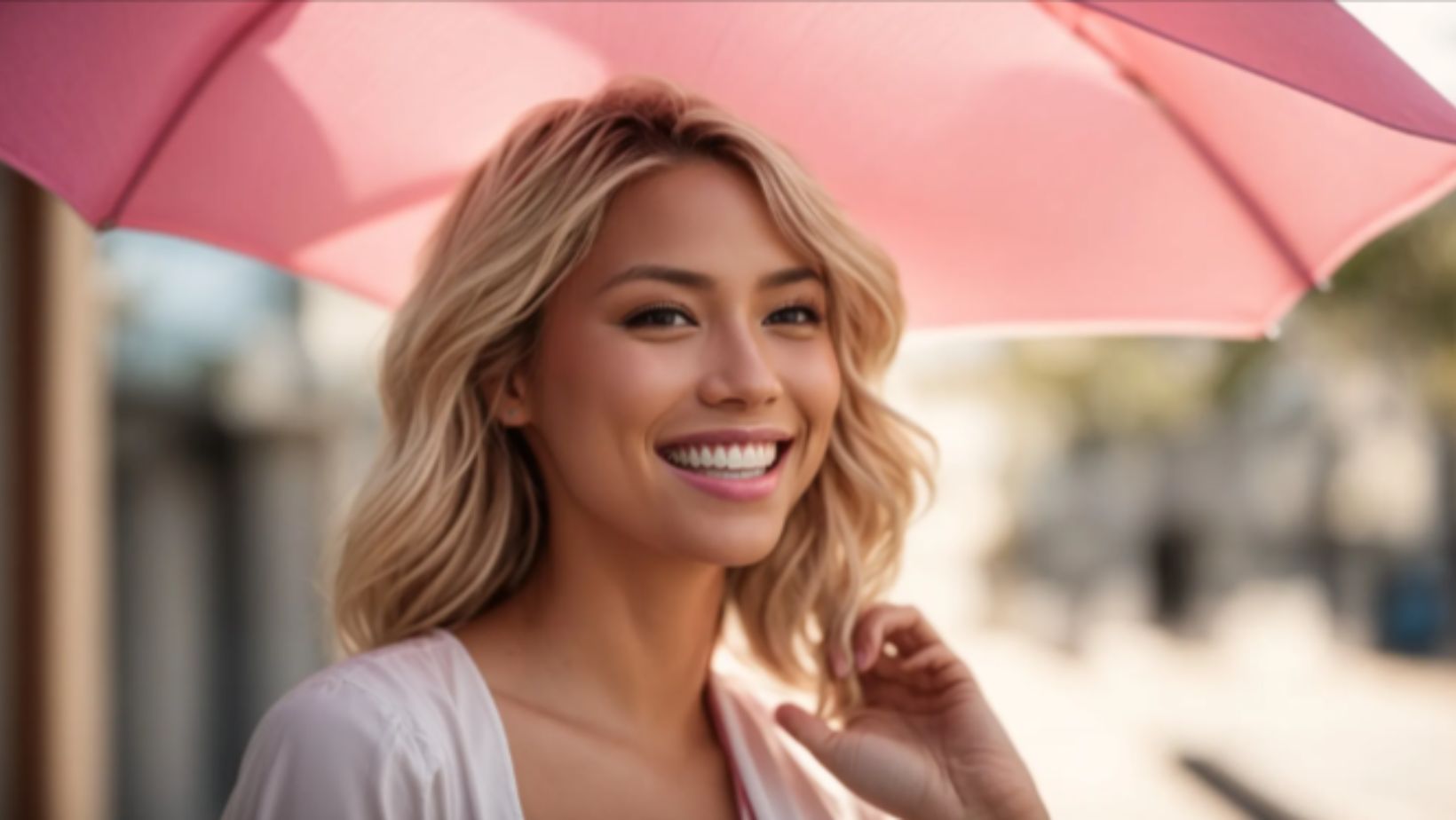 Bright smile with healthy teeth under a pink umbrella, showcasing confidence and good oral health.