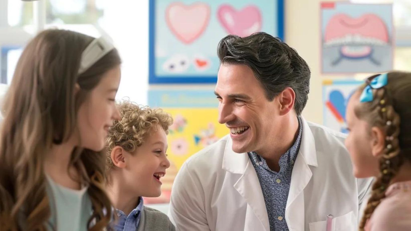 Bruce G. Jones DDS Family dentist in Muskegon engaging with children during a dental visit