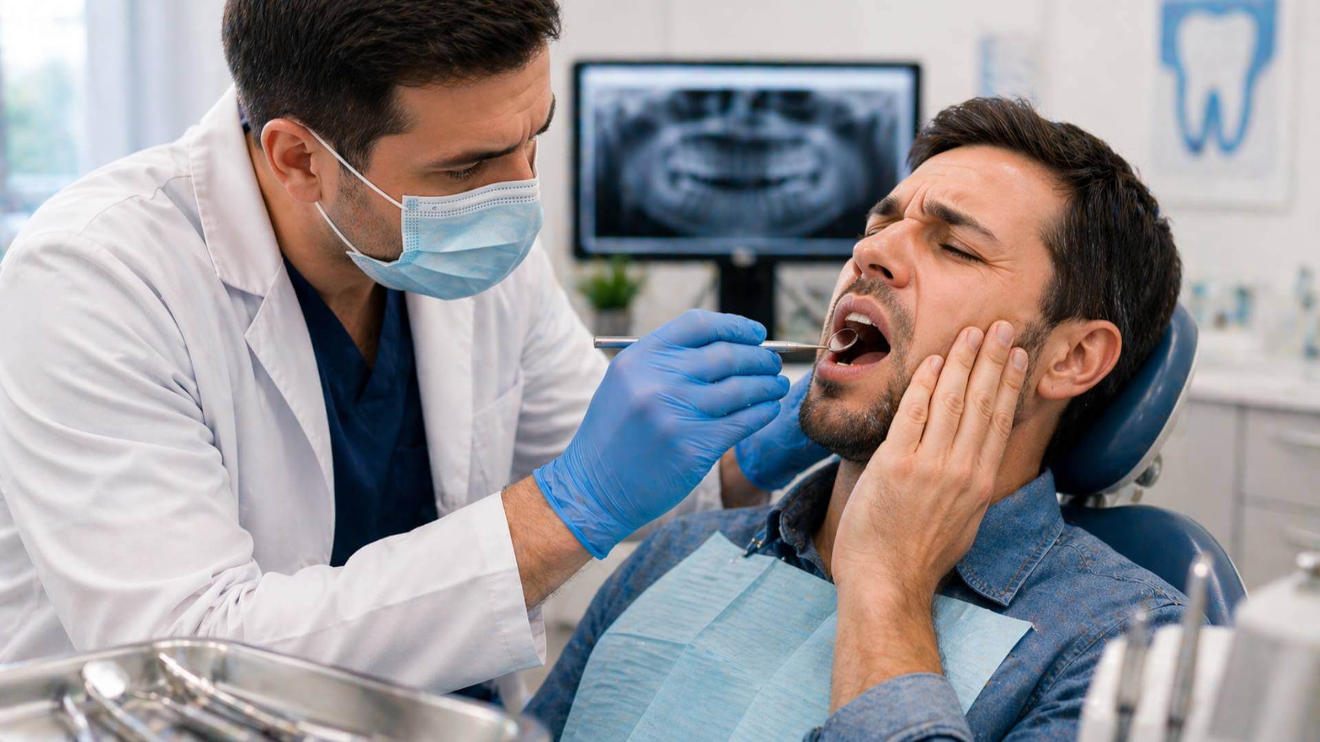 Emergency dentist near me examining patient with urgent dental pain