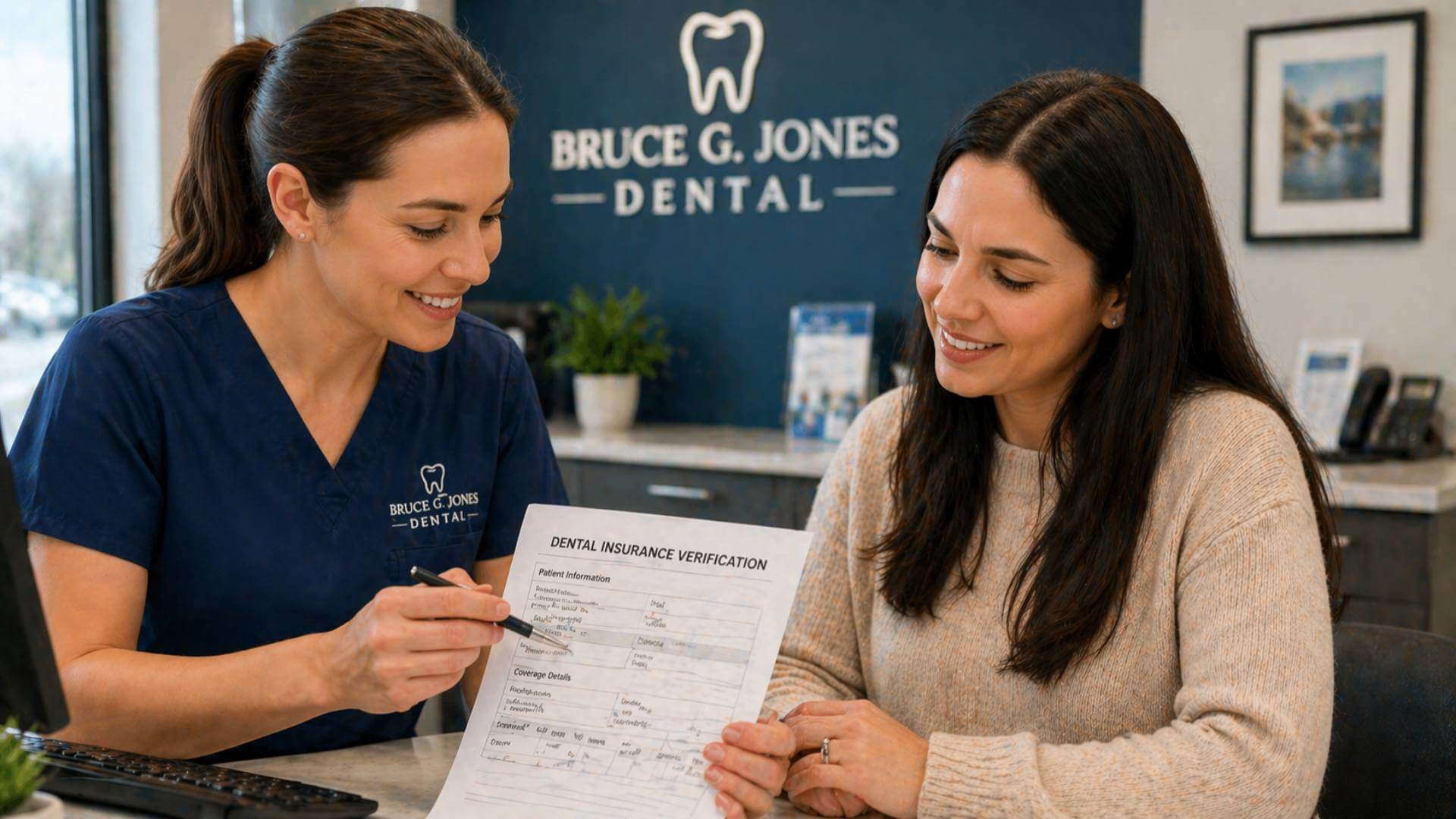 Emergency dentist near me staff reviewing dental insurance paperwork