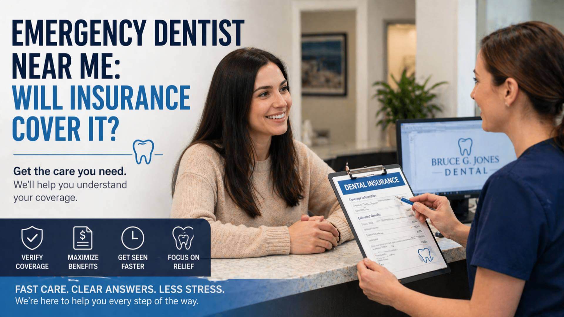 Emergency dentist near me patient discussing insurance at front desk
