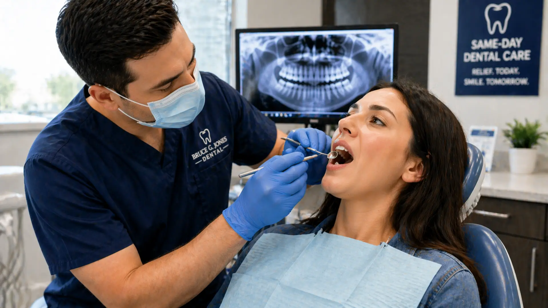 same-day dentist near me performing emergency dental exam
