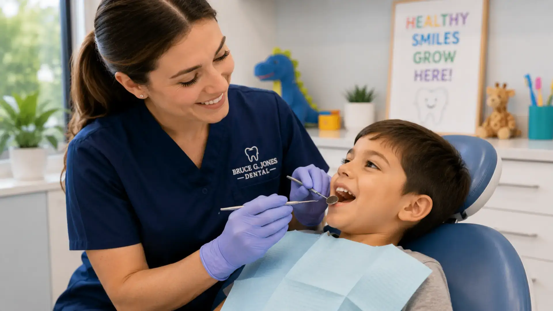 Pediatric dentist in muskegon performing gentle dental exam for child