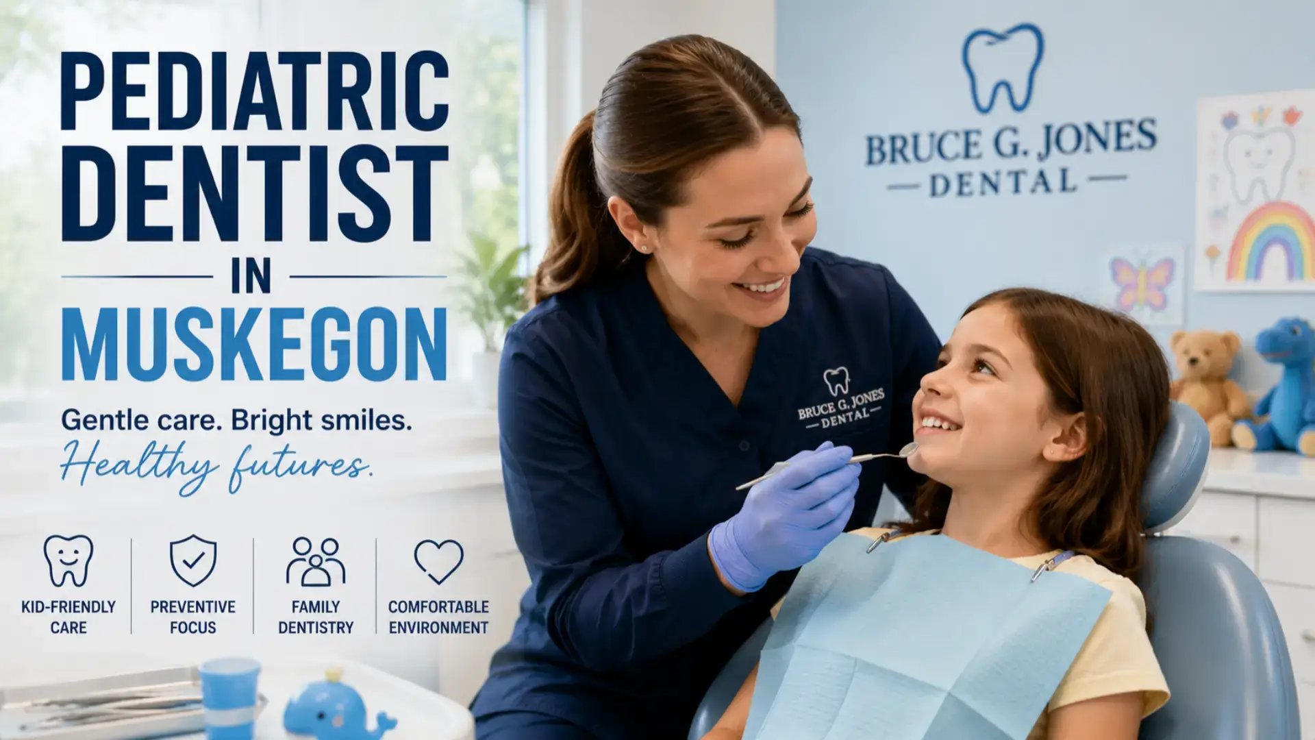 Pediatric dentist in muskegon helping young child during dental visit